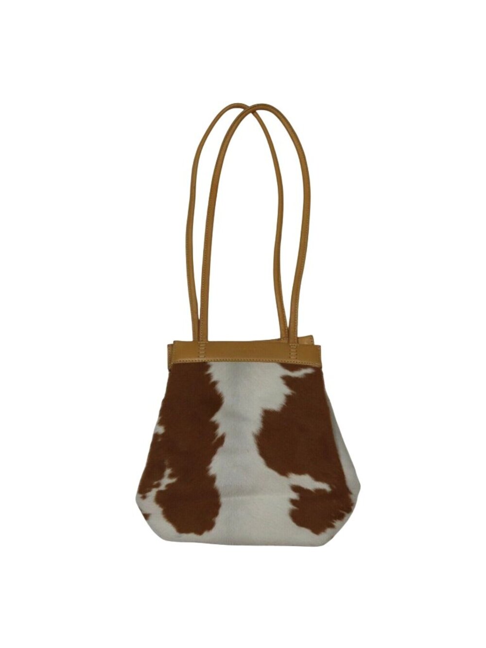 Nine West Tan Leather Brown White Cow Animal Hair Print Satchel Bucket Bag Purse